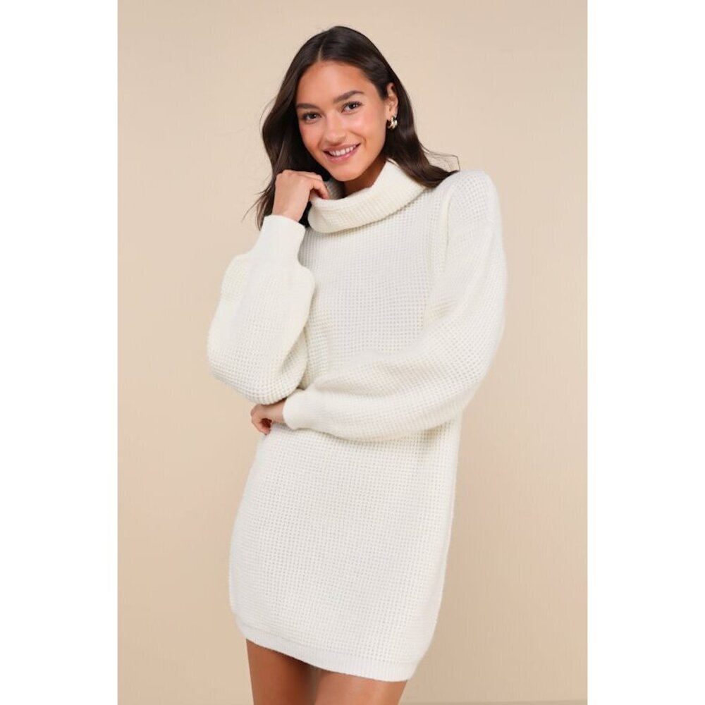 Lulus Casual Coziness Ivory Waffle Knit Cowl Neck Sweater Dress White - Size M